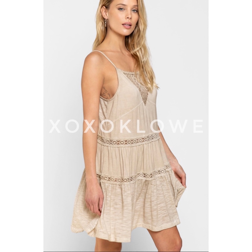POL Sand Beige Sleeveless Lace Trimmed Mini Dress